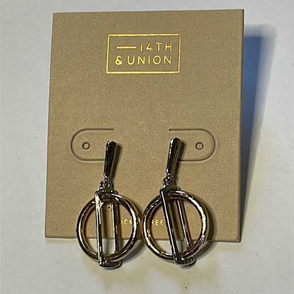 NWT 14th & Union Rectangle Interlocked Circle Earrings Gold Silver Tone Metal - Picture 1 of 4